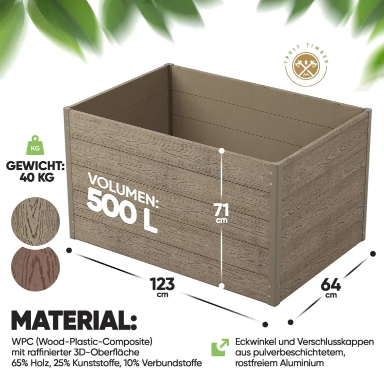 Hochbeet WPC EcoFusion 123x64x71cm – extrem Langlebig [Woody-Look] Komplettpaket mit vorgebohrten Löchern | Hochbeete für Garten Hochbeete-kit Bausatz – Bild 7