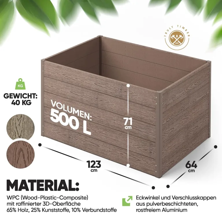 Hochbeet WPC EcoFusion 123x64x71cm – extrem Langlebig [Woody-Look] Komplettpaket mit vorgebohrten Löchern | Hochbeete für Garten Hochbeete-kit Bausatz – Bild 7