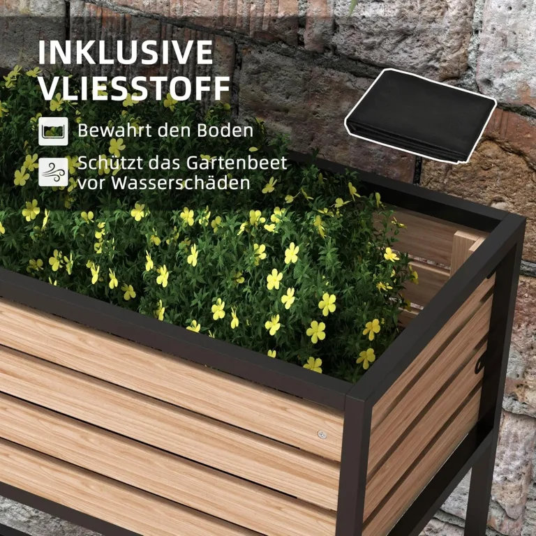 Outsunny Hochbeet aus Holz, 2-Stufiger Blumenkasten mit Ablage, Erhöhtes Gemüsebeet mit Innenvlies, Kräuterbeet für Garten, Balkon, Hellbraun, 83 x 39 x 100 cm – Bild 6