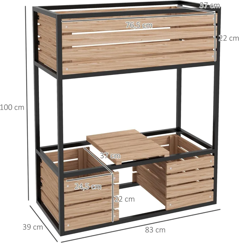 Outsunny Hochbeet aus Holz, 2-Stufiger Blumenkasten mit Ablage, Erhöhtes Gemüsebeet mit Innenvlies, Kräuterbeet für Garten, Balkon, Hellbraun, 83 x 39 x 100 cm – Bild 8