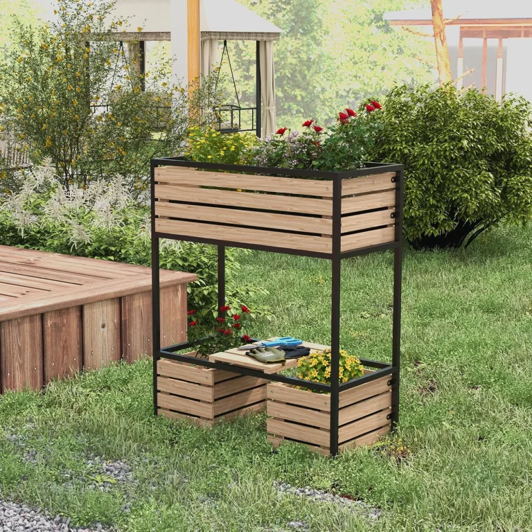 Outsunny Hochbeet aus Holz, 2-Stufiger Blumenkasten mit Ablage, Erhöhtes Gemüsebeet mit Innenvlies, Kräuterbeet für Garten, Balkon, Hellbraun, 83 x 39 x 100 cm – Bild 3