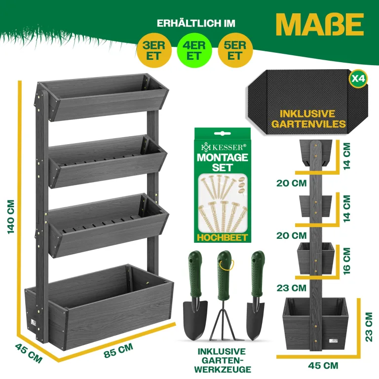 KESSER® Hochbeet mit 4 Etagen Premium Blumenkasten Blumentreppe Pflanztreppe Gemüsebeet Kräuterbeet Pflanzkübel Frühbeet Blumenbeet Pflanzkasten mit Gartenvlies - Beet inkl. Schaufelset, Anthrazit – Bild 5