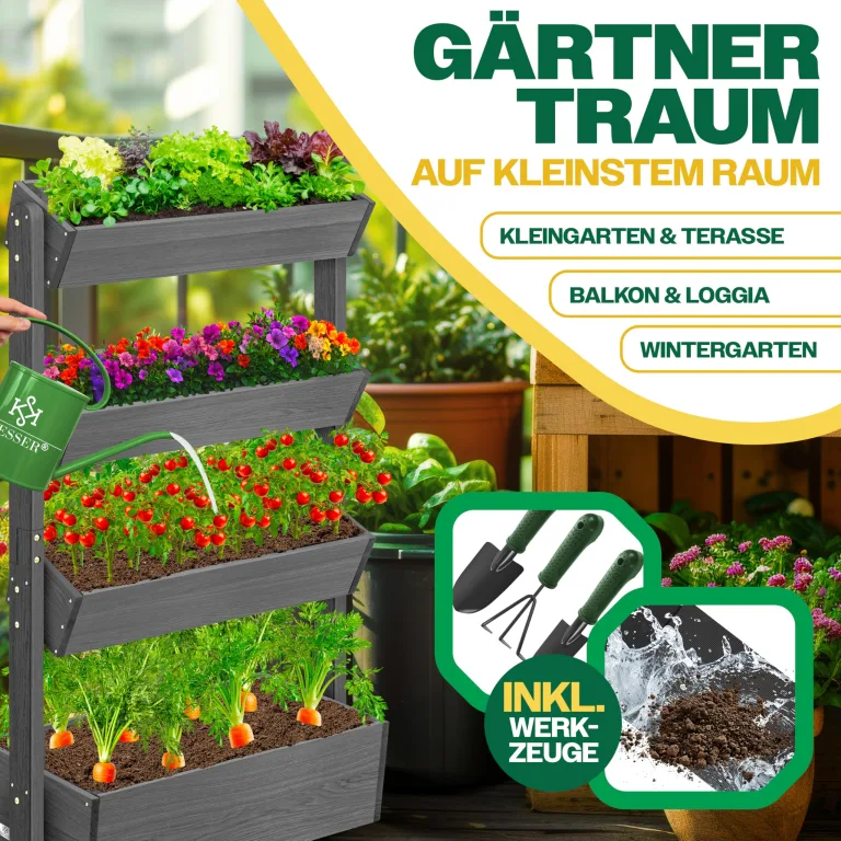 KESSER® Hochbeet mit 4 Etagen Premium Blumenkasten Blumentreppe Pflanztreppe Gemüsebeet Kräuterbeet Pflanzkübel Frühbeet Blumenbeet Pflanzkasten mit Gartenvlies - Beet inkl. Schaufelset, Anthrazit – Bild 7