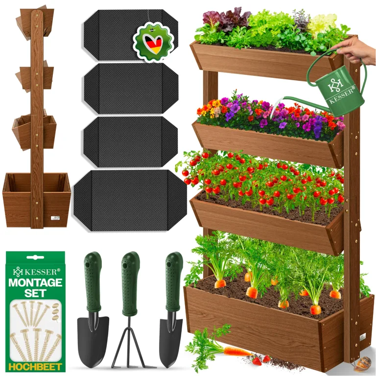 KESSER® Hochbeet mit 3 Etagen Premium Blumenkasten Blumentreppe Pflanztreppe Gemüsebeet Kräuterbeet Pflanzkübel Frühbeet Blumenbeet Pflanzkasten mit Gartenvlies - Beet inkl. Schaufelset, Anthrazit – Bild 9