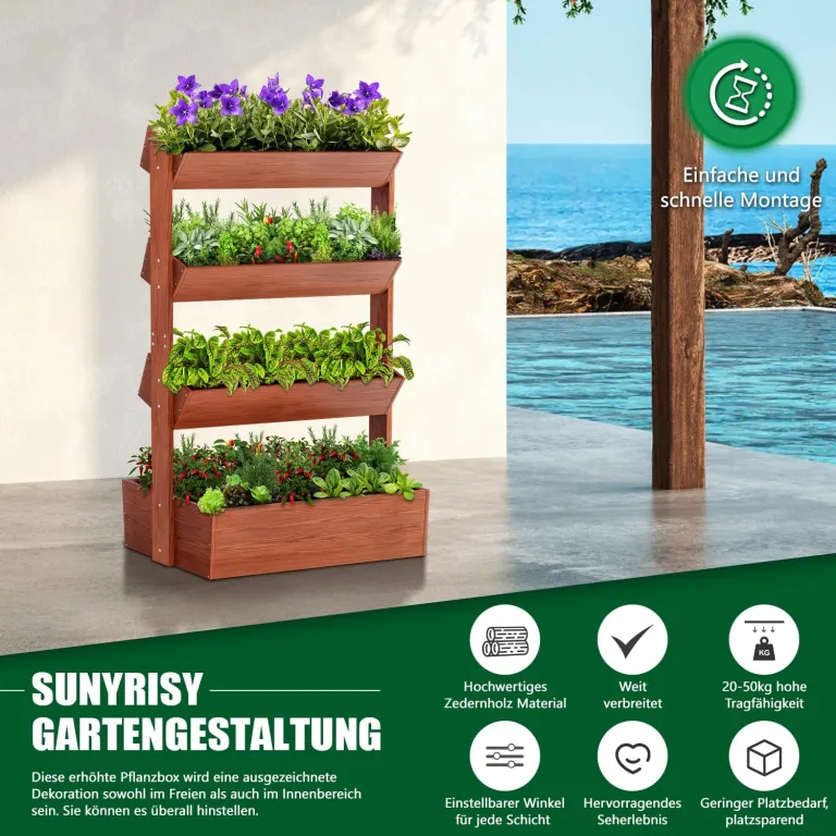 SUNYRISY Holz Hochbeet Premium Blumenkasten Balkon, 4 Etagen Outdoor Blumentreppe Pflanztreppen Gemüsebeet Kräuterbeet Mit Etagen, Balkon Garten Terrasse Dekoration – Bild 3