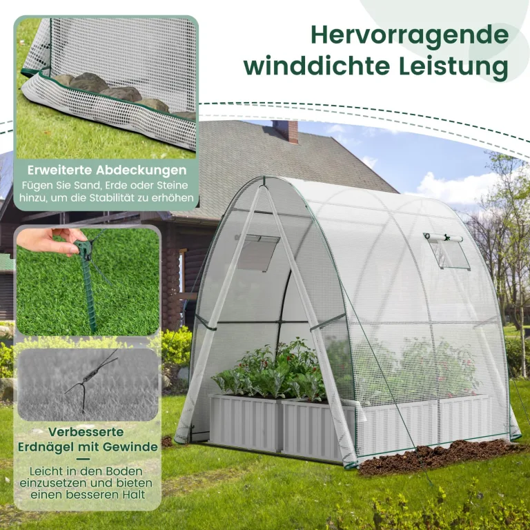 COSTWAY Foliengewächshaus Gewächshaus, Treibhaus mit Allwetter-PE-Abdeckung, Rolltür und Fenster, Tomatengewächshaus Tomatenhaus, Pflanzenhaus für Tomaten & Topfpflanzen (181x181x200 cm, Weiß) – Bild 3