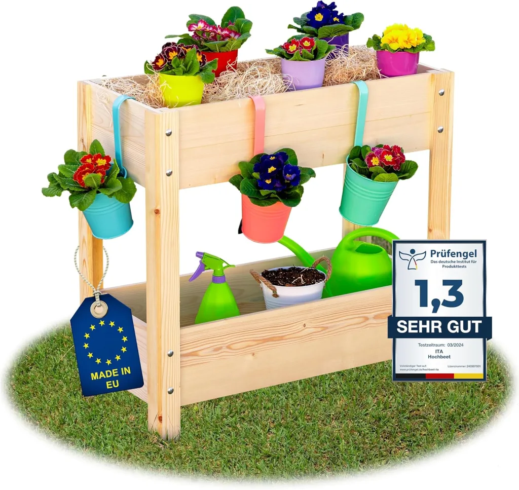 ITA Hochbeet aus Holz 80x37x78 cm - Pflanzkasten mit 2 Ebenen & Innenfolie - Made in EU - Direkt vom Hersteller - FSC Kiefernholz - Pflanzbeet Blumenkasten für Garten Balkon Terrasse - Natur