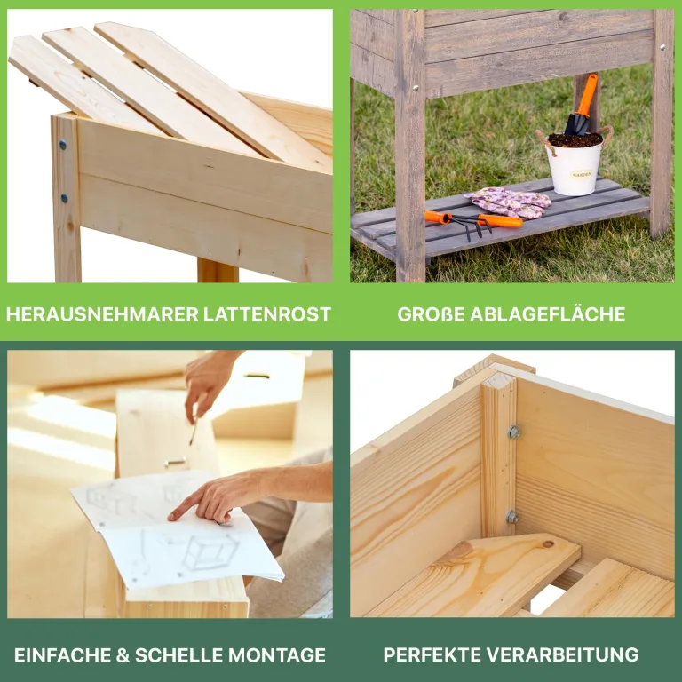 ITA Hochbeet aus Holz 80x37x78 cm - Pflanzkasten mit Ablageboden & Innenfolie - Made in EU - Direkt vom Hersteller - FSC Kiefernholz - Pflanzbeet Blumenkasten für Garten Balkon Terrasse - Braun – Bild 6