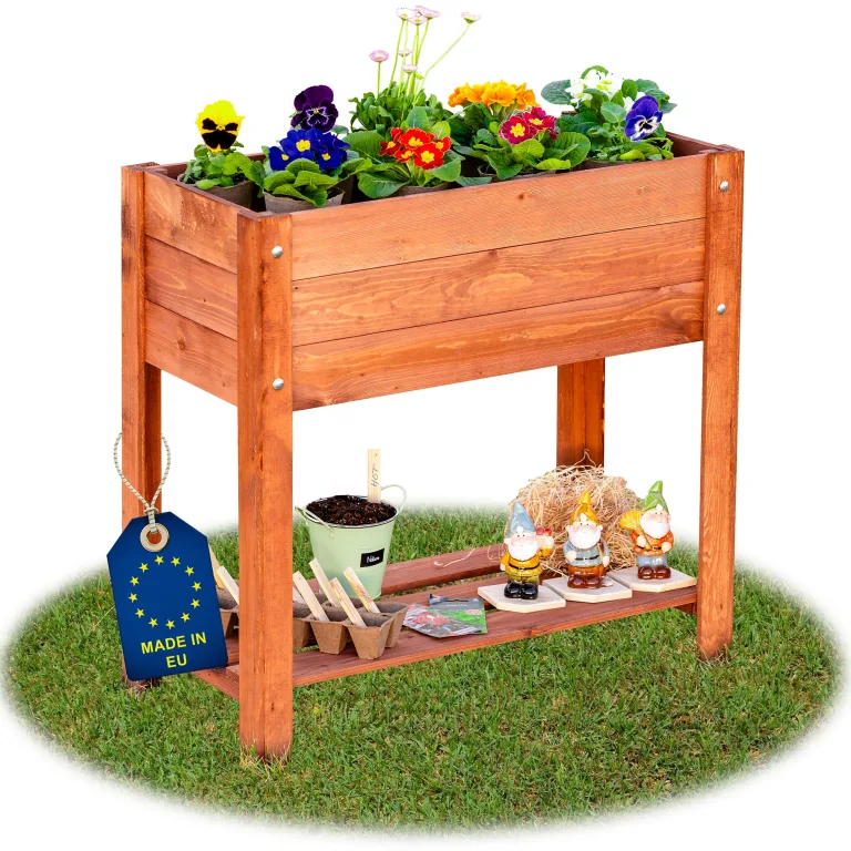 ITA Hochbeet aus Holz 80x37x78 cm - Pflanzkasten mit Ablageboden & Innenfolie - Made in EU - Direkt vom Hersteller - FSC Kiefernholz - Pflanzbeet Blumenkasten für Garten Balkon Terrasse - Braun – Bild 1