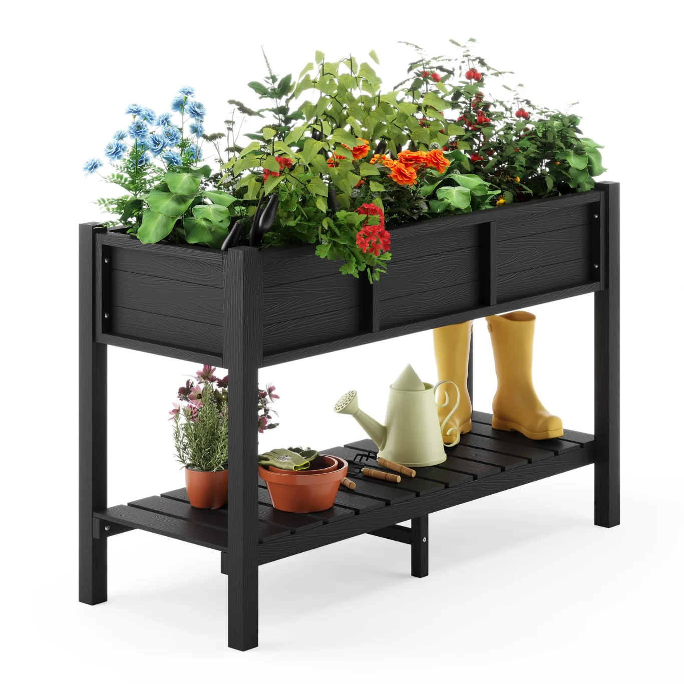 LUE BONA Hochbeet mit Werkzeugen, 113 x 45 x 73cm, HDPS - Hochbeetkasten mit Beinen und Ablagefach, wetterbeständig, 3 Jahre Garantie, für Kraut - & Gemüseanbau, Garten, Balkon, schwarz - Bild 1
