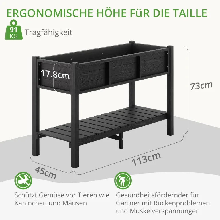 LUE BONA Hochbeet mit Werkzeugen, 113 x 45 x 73cm, HDPS - Hochbeetkasten mit Beinen und Ablagefach, wetterbeständig, 3 Jahre Garantie, für Kraut - & Gemüseanbau, Garten, Balkon, schwarz – Bild 3