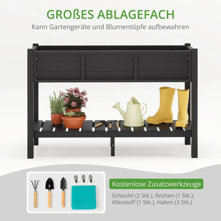 LUE BONA Hochbeet mit Werkzeugen, 113 x 45 x 73cm, HDPS - Hochbeetkasten mit Beinen und Ablagefach, wetterbeständig, 3 Jahre Garantie, für Kraut - & Gemüseanbau, Garten, Balkon, schwarz – Bild 5