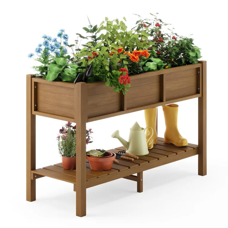 LUE BONA Hochbeet mit Werkzeugen, 113 x 45 x 73cm, HDPS - Hochbeetkasten mit Beinen und Ablagefach, wetterbeständig, 3 Jahre Garantie, für Kraut - & Gemüseanbau, Garten, Balkon, schwarz – Bild 9