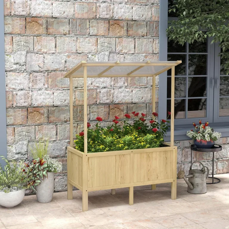 Outsunny Hochbeet aus Holz, Frühbeet mit Deckel, Pflanzkasten mit Vliesstoff, Blumenkasten Kräuterbeet für Garten, Balkon, 110 x 60 x 152 cm, Natur – Bild 2