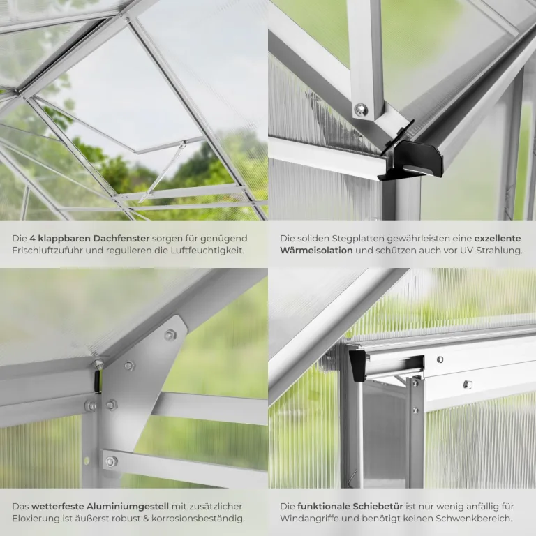 tectake® Aluminium Gewächshaus, 375x185x195 cm, Treibhaus, Tomatenhaus, Frühbeet, Pflanzenhaus, UV beständig, 4 mm Platte, Schiebetür & Dachfenster, Schütz vor Kälte, Regen und Frost - mit Fundament – Bild 4
