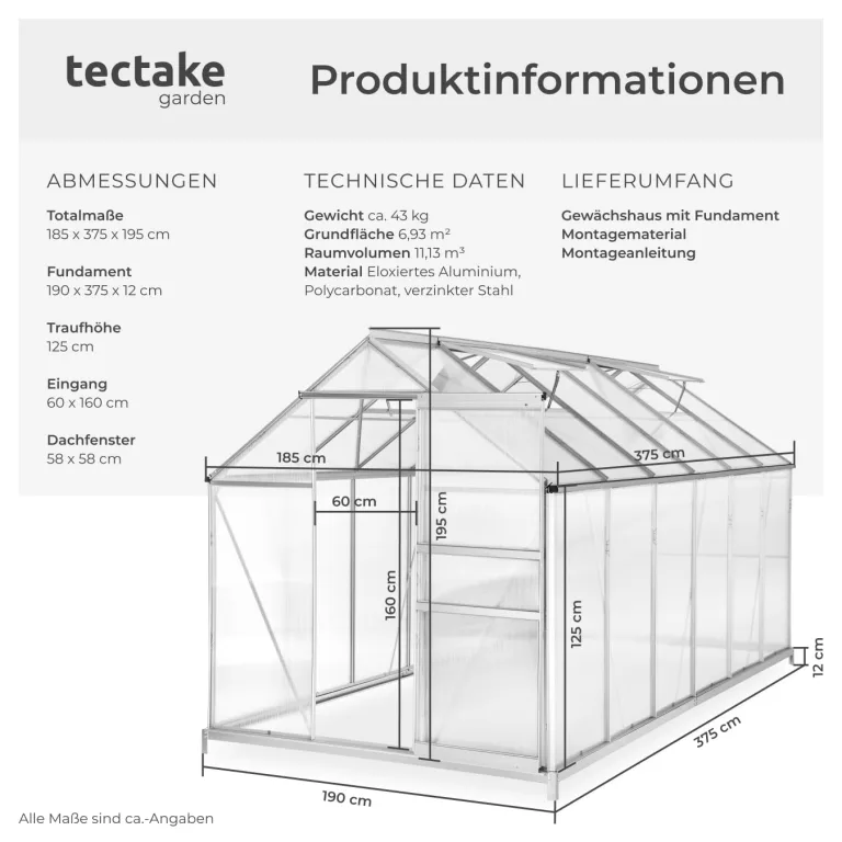tectake® Aluminium Gewächshaus, 375x185x195 cm, Treibhaus, Tomatenhaus, Frühbeet, Pflanzenhaus, UV beständig, 4 mm Platte, Schiebetür & Dachfenster, Schütz vor Kälte, Regen und Frost - mit Fundament – Bild 6