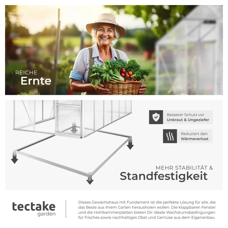 tectake® Aluminium Gewächshaus, 375x185x195 cm, Treibhaus, Tomatenhaus, Frühbeet, Pflanzenhaus, UV beständig, 4 mm Platte, Schiebetür & Dachfenster, Schütz vor Kälte, Regen und Frost - mit Fundament – Bild 7