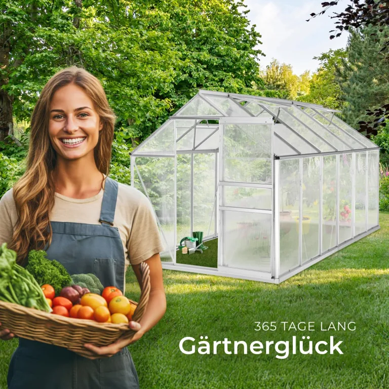 tectake® Aluminium Gewächshaus, 375x185x195 cm, Treibhaus, Tomatenhaus, Frühbeet, Pflanzenhaus, UV beständig, 4 mm Platte, Schiebetür & Dachfenster, Schütz vor Kälte, Regen und Frost - mit Fundament – Bild 8