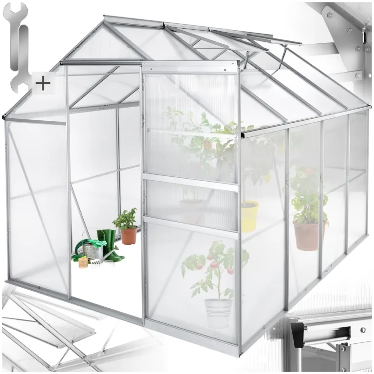 tectake® Aluminium Gewächshaus, 375x185x195 cm, Treibhaus, Tomatenhaus, Frühbeet, Pflanzenhaus, UV beständig, 4 mm Platte, Schiebetür & Dachfenster, Schütz vor Kälte, Regen und Frost - mit Fundament – Bild 9