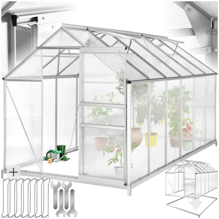 tectake® Aluminium Gewächshaus, 375x185x195 cm, Treibhaus, Tomatenhaus, Frühbeet, Pflanzenhaus, UV beständig, 4 mm Platte, Schiebetür & Dachfenster, Schütz vor Kälte, Regen und Frost - mit Fundament – Bild 1