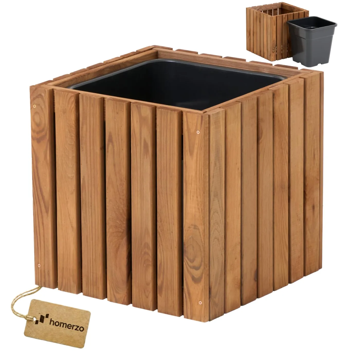 Pflanzkübel Holz – imprägniert wetterfest – mit herausnehmbarem Kunststoffeinsatz – Pflanztopf Blumenkasten für Balkon Garten Terrasse (Vertikal-braun 36x36 H35 cm) - Bild 1