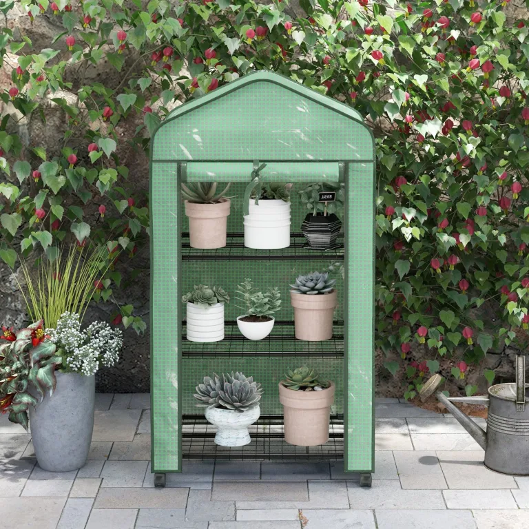 Outsunny Garten-Gewächshaus aus Polyethylen mit Regalen, 3 Ebenen, Balkongewächshaus, Polyethylen-Plane, Gestell aus Stahl, Tür mit Reißverschluss, aufrollbar, für Gemüse, Pflanzen, Blumen, 69 x 49 x – Bild 9