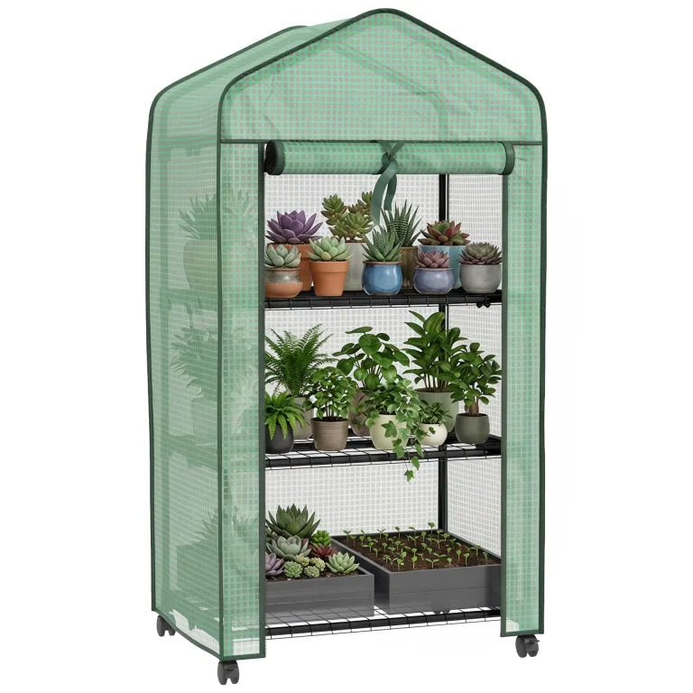 Outsunny Garten-Gewächshaus aus Polyethylen mit Regalen, 3 Ebenen, Balkongewächshaus, Polyethylen-Plane, Gestell aus Stahl, Tür mit Reißverschluss, aufrollbar, für Gemüse, Pflanzen, Blumen, 69 x 49 x – Bild 1