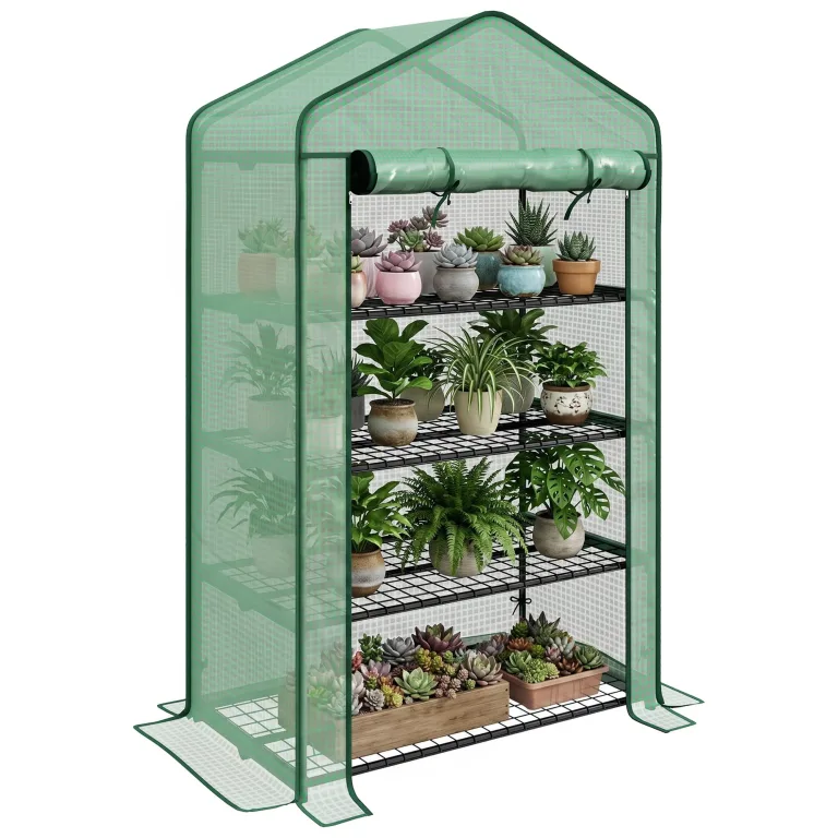 Outsunny Mini Gewächshaus Gartenregal für Garten, Balkon, Regal, Gewächshaus, 4 Ebenen, 90 x 49 x 160 cm, verzinkter Stahl, abnehmbare Plane, Polyethylen, hohe Dichte, Grün – Bild 1