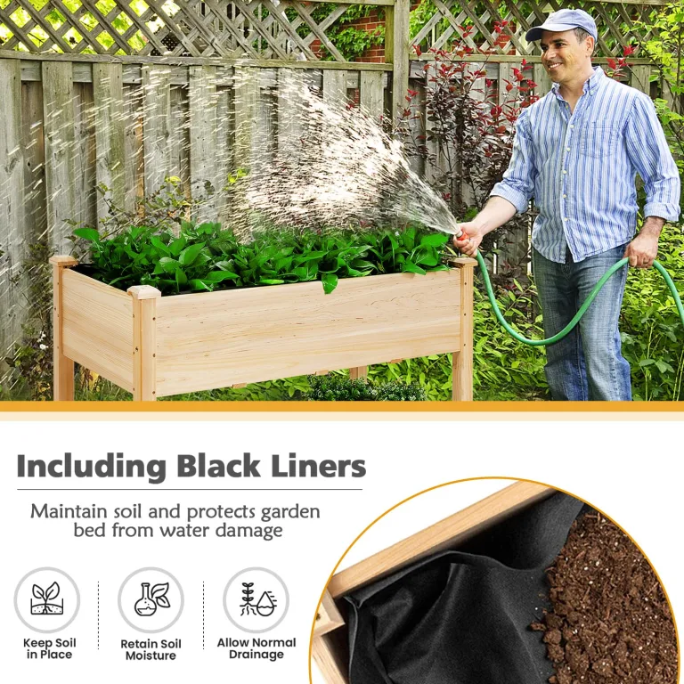 HOMASIS Hochbeet aus Holz, Gartenbeet mit Rollen & Ablage, Blumenkasten für Garten Balkon Terrasse, Pflanzbeet mit Abflusslöcher & Innenvlies, Gemüsebeet Blumenbeet, 120 x 59 x 84 cm – Bild 4