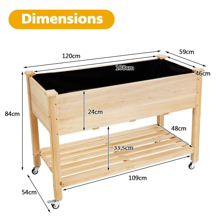 HOMASIS Hochbeet aus Holz, Gartenbeet mit Rollen & Ablage, Blumenkasten für Garten Balkon Terrasse, Pflanzbeet mit Abflusslöcher & Innenvlies, Gemüsebeet Blumenbeet, 120 x 59 x 84 cm – Bild 5