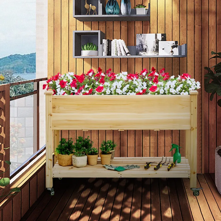 HOMASIS Hochbeet aus Holz, Gartenbeet mit Rollen & Ablage, Blumenkasten für Garten Balkon Terrasse, Pflanzbeet mit Abflusslöcher & Innenvlies, Gemüsebeet Blumenbeet, 120 x 59 x 84 cm – Bild 8