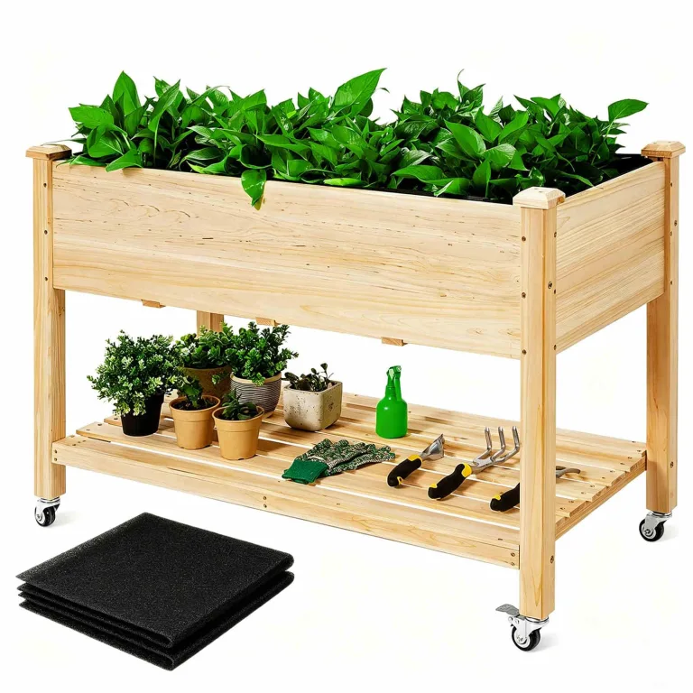HOMASIS Hochbeet aus Holz, Gartenbeet mit Rollen & Ablage, Blumenkasten für Garten Balkon Terrasse, Pflanzbeet mit Abflusslöcher & Innenvlies, Gemüsebeet Blumenbeet, 120 x 59 x 84 cm – Bild 1