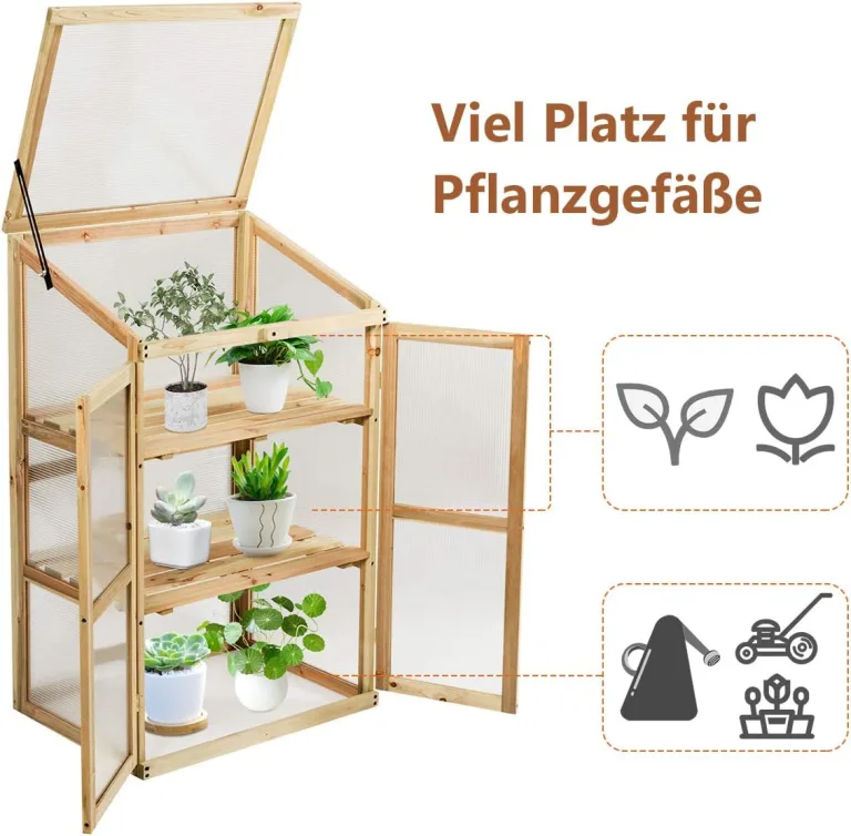 COSTWAY 3 Etagen Frühbeet Holz, Hochbeet wetterfest, Gewächshaus mit 2 Türen & Deckel, Polycarbonat-Fenster, Pflanzenbeet Aufzuchtschrank Treibhaus, für Garten Balkon, 60 x 45 x 100 cm, Natur – Bild 5