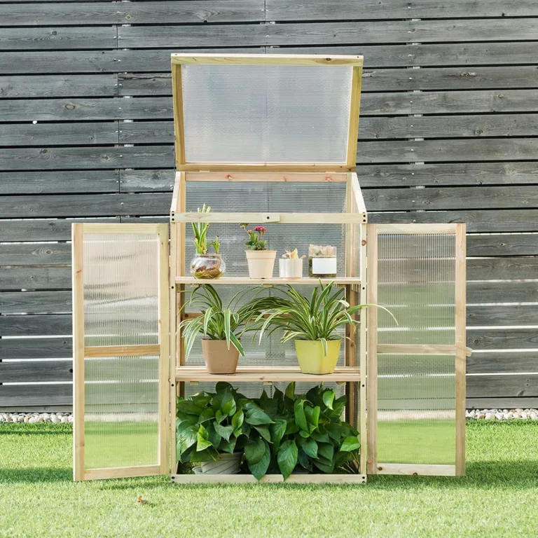 COSTWAY 3 Etagen Frühbeet Holz, Hochbeet wetterfest, Gewächshaus mit 2 Türen & Deckel, Polycarbonat-Fenster, Pflanzenbeet Aufzuchtschrank Treibhaus, für Garten Balkon, 60 x 45 x 100 cm, Natur – Bild 7