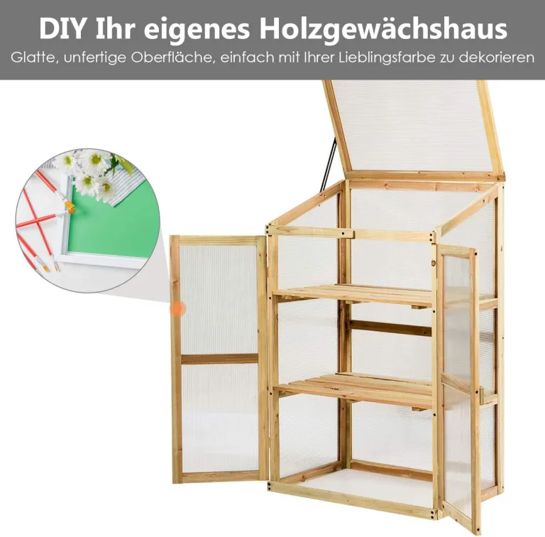 COSTWAY 3 Etagen Frühbeet Holz, Hochbeet wetterfest, Gewächshaus mit 2 Türen & Deckel, Polycarbonat-Fenster, Pflanzenbeet Aufzuchtschrank Treibhaus, für Garten Balkon, 60 x 45 x 100 cm, Natur – Bild 8