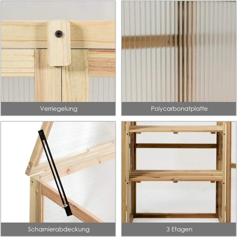 COSTWAY 3 Etagen Frühbeet Holz, Hochbeet wetterfest, Gewächshaus mit 2 Türen & Deckel, Polycarbonat-Fenster, Pflanzenbeet Aufzuchtschrank Treibhaus, für Garten Balkon, 60 x 45 x 100 cm, Natur – Bild 3
