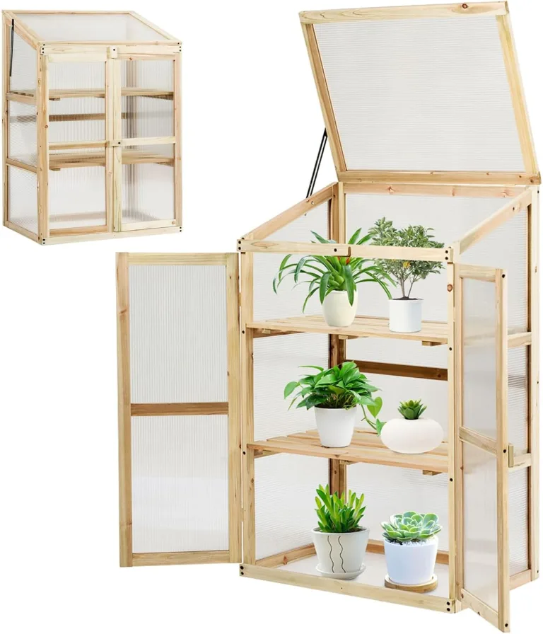 COSTWAY 3 Etagen Frühbeet Holz, Hochbeet wetterfest, Gewächshaus mit 2 Türen & Deckel, Polycarbonat-Fenster, Pflanzenbeet Aufzuchtschrank Treibhaus, für Garten Balkon, 60 x 45 x 100 cm, Natur – Bild 1