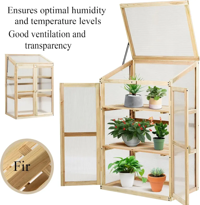 HOMASIS Gewächshaus mit 3 Ablagen, Anlehngewächshaus Tomaten mit 2 Türen & Oberlicht, Holz Frühbeet Pflanzenhaus Winterfest klein, 60x45x100cm, Teibhaus Gartenhaus für Garten & Balkon, Transparent – Bild 5