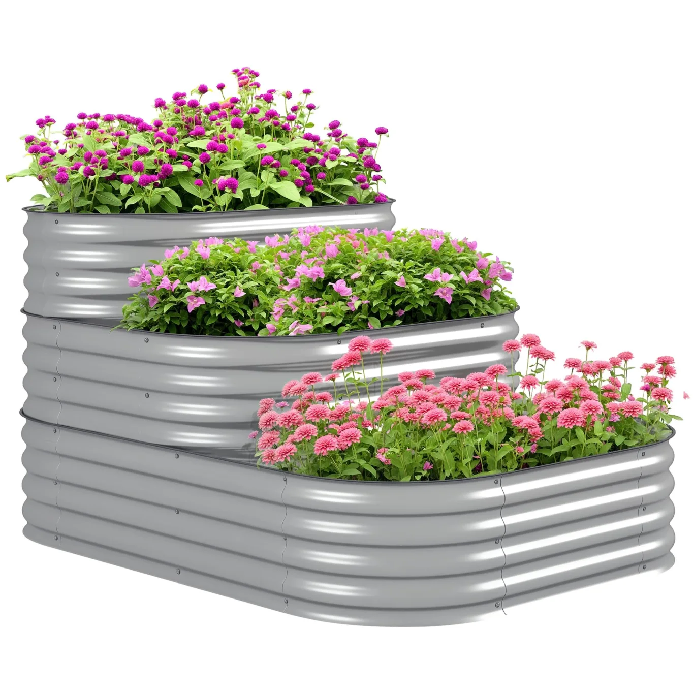 Outsunny Hochbeet aus Metall, 3-stufiger Pflanzkasten, DIY Blumenkasten, Kräuterbeet mit Sicherheitskanten, Gemüsebeet für Garten, Balkon, Silber, 158 x 109 x 82 cm - Bild 1