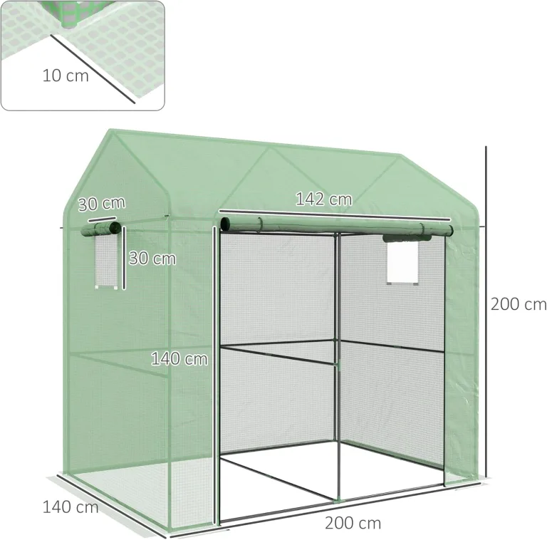 Outsunny Foliengewächshaus, Gewächshaus, Winddichtes Treibhaus mit Doppeltüren, Anlehngewächshaus mit Seitenfenster, UV-Schutz für Garten, PE, Grün, 200 x 140 x 200 cm – Bild 7