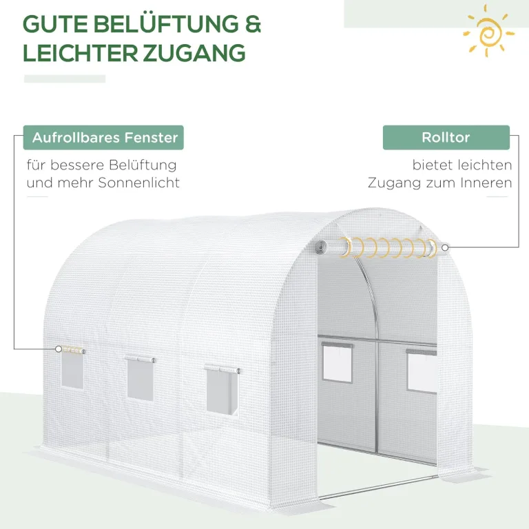 Outsunny Gewächshausfolie 3 x 2 m, wasserdicht Polyethylenfolie mit Rolltür, 6 Fenster, UV Schutz, Reißfest Gartenfolie Abdeckplane für Folientunnel Gartenarbeit, Tunnelfolie für Außenbereich Weiß – Bild 3