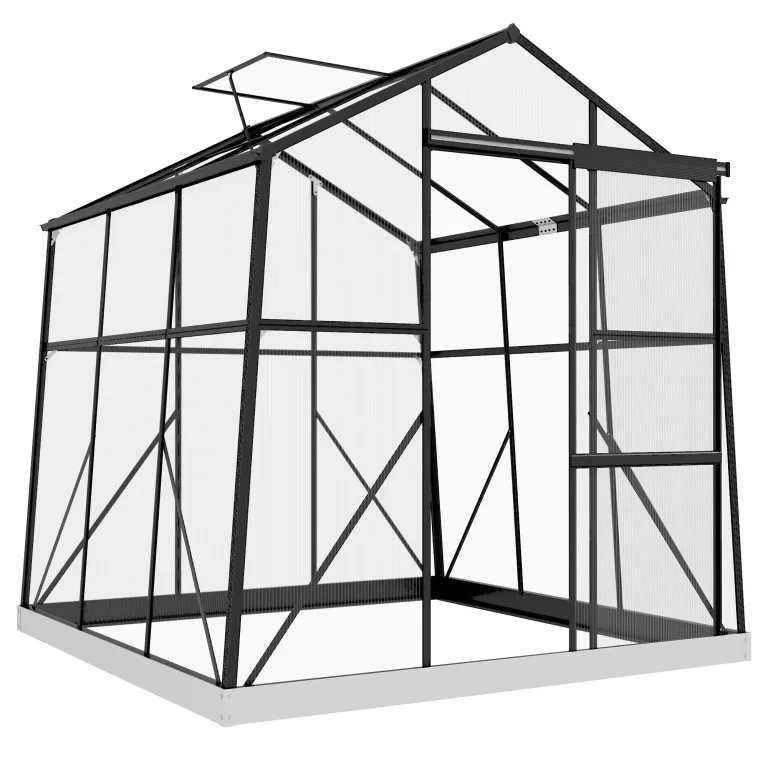 Outsunny Gewächshaus Aluminium 192 x 192 x 204 cm Treibhaus 3,68 m² Tomatenhaus mit Fenster, Schiebetür, Fundament, Aufzucht Pflanzenhaus für Garten, Balkon, Schwarz – Bild 1