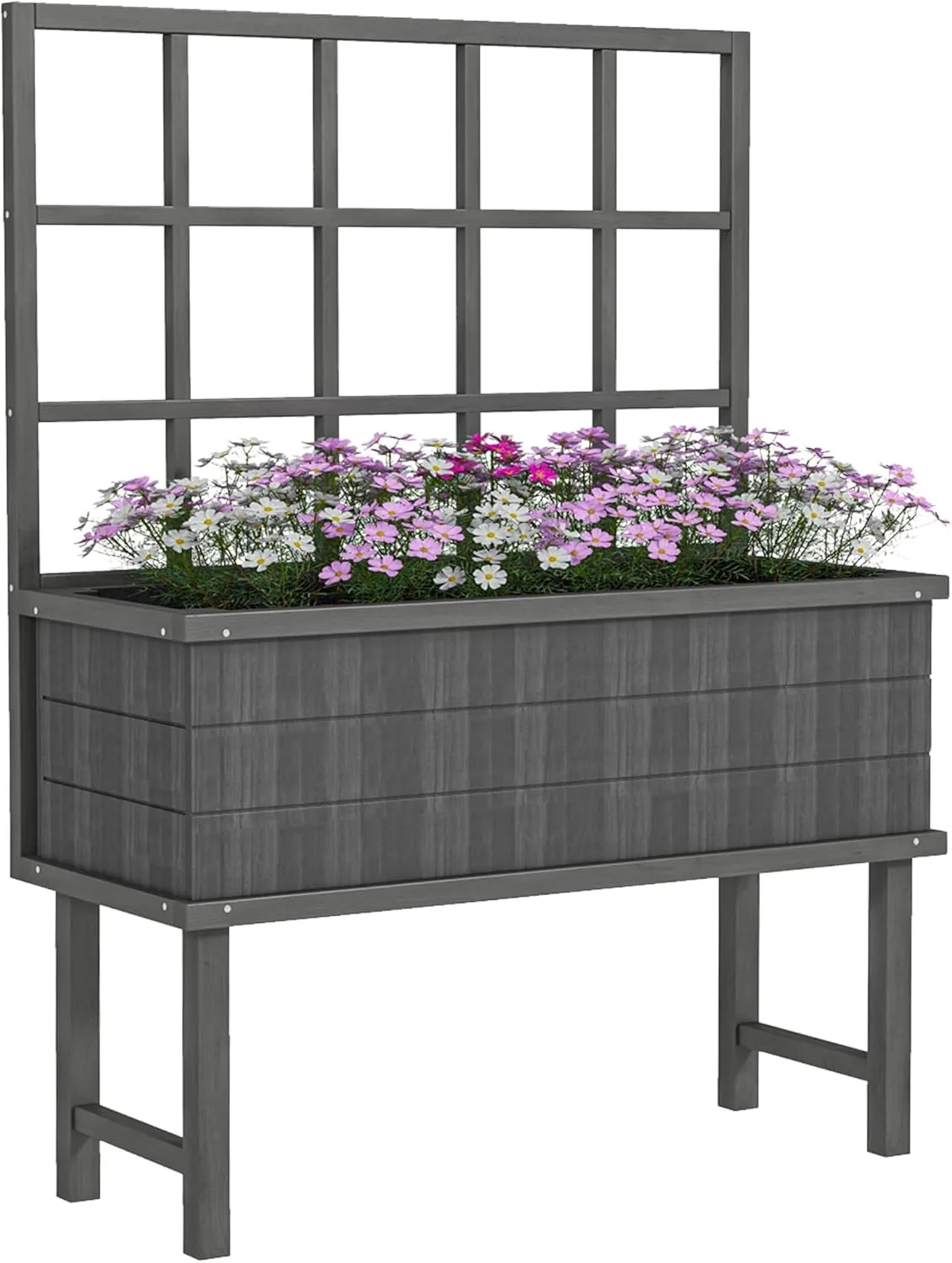 Outsunny Hochbeet aus Holz mit Rankgitter für Kletterpflanzen, Hochbeet mit Drainagelöchern und Beeteinlage für Gemüse, Blumen, Kräuter, 105 x 45 x 140 cm, Grau - Bild 1