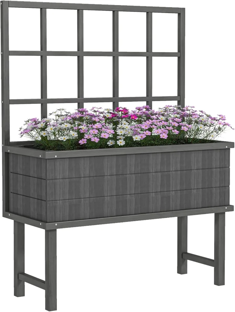 Outsunny Hochbeet aus Holz mit Rankgitter für Kletterpflanzen, Hochbeet mit Drainagelöchern und Beeteinlage für Gemüse, Blumen, Kräuter, 105 x 45 x 140 cm, Grau