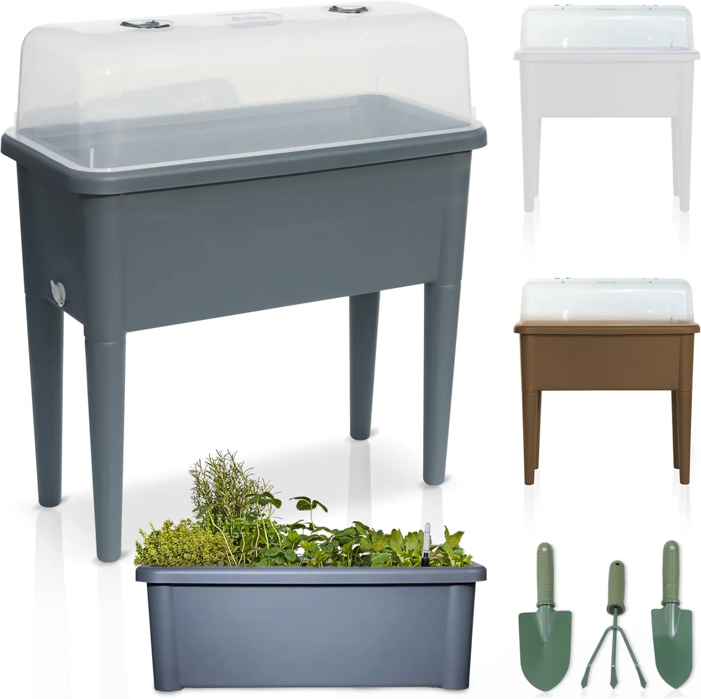 Hochbeet/Frühbeet – mit Abdeckhaube/Wasseranzeige – aus robustem Kunststoff – ideal für Garten/Terrasse/Balkon – Kräuterhochbeet zur Anzucht – Pflanzkasten inkl. Gartenwerkzeug (Grau) - Bild 1