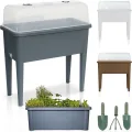 Hochbeet/Frühbeet – mit Abdeckhaube/Wasseranzeige – aus robustem Kunststoff – ideal für Garten/Terrasse/Balkon – Kräuterhochbeet zur Anzucht – Pflanzkasten inkl. Gartenwerkzeug (Grau) - Thumbnail 1