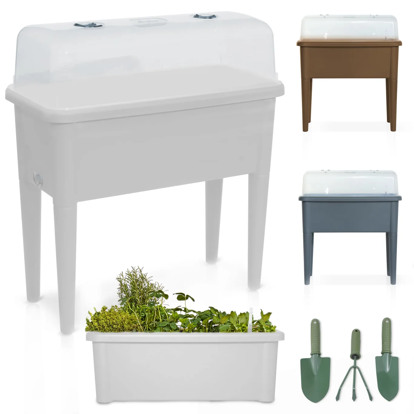 Onbest Hochbeet/Frühbeet – mit Abdeckhaube/Wasseranzeige – aus robustem Kunststoff – ideal für Garten/Terrasse/Balkon – Kräuterhochbeet zur Anzucht – Pflanzkasten inkl. Gartenwerkzeug (Weiß) - Bild 1