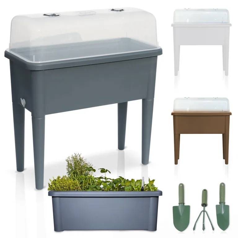 Onbest Hochbeet/Frühbeet – mit Abdeckhaube/Wasseranzeige – aus robustem Kunststoff – ideal für Garten/Terrasse/Balkon – Kräuterhochbeet zur Anzucht – Pflanzkasten inkl. Gartenwerkzeug (Weiß) – Bild 10