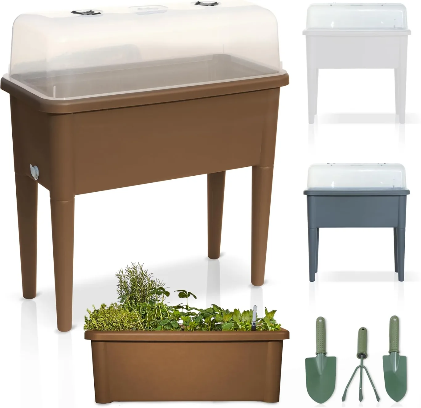 Hochbeet/Frühbeet – mit Abdeckhaube/Wasseranzeige – aus robustem Kunststoff – ideal für Garten/Terrasse/Balkon – Kräuterhochbeet zur Anzucht – Pflanzkasten inkl. Gartenwerkzeug (Coffee) - Bild 1