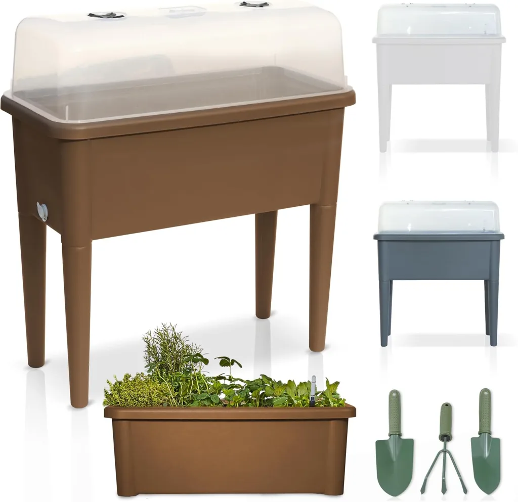 Hochbeet/Frühbeet – mit Abdeckhaube/Wasseranzeige – aus robustem Kunststoff – ideal für Garten/Terrasse/Balkon – Kräuterhochbeet zur Anzucht – Pflanzkasten inkl. Gartenwerkzeug (Coffee)